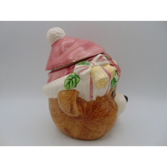Small Brown Christmas Teddy Bear Cookie or Candy Jar Ceramic Hand Painted - Picture 2 of 12